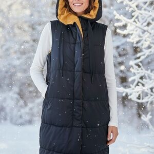 Zara Black Reversible Sleeveless Puffer Vest with Mustard Hood size Large